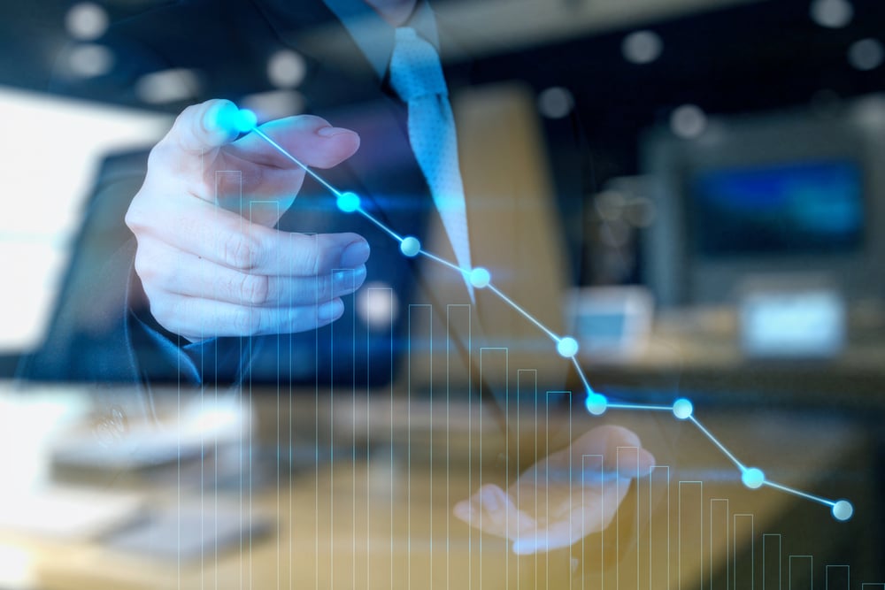 double exposure of businessman hand drawing virtual chart business on touch screen computer-3